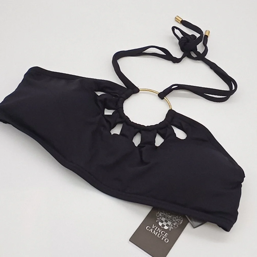 Vince Camuto Serengeti‎ Logo-Ring Cutout Halter Bikini Swim Top Black M